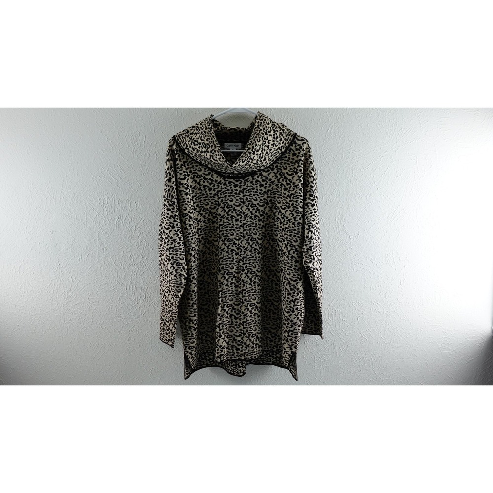 Calvin Klein Cowl Neck Sweater Womens‎ Large Black Tan Leopard Cheetah Animal